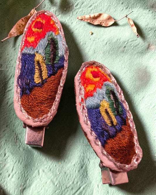 Sunset Meadow Hand Embroidered Hair Clips