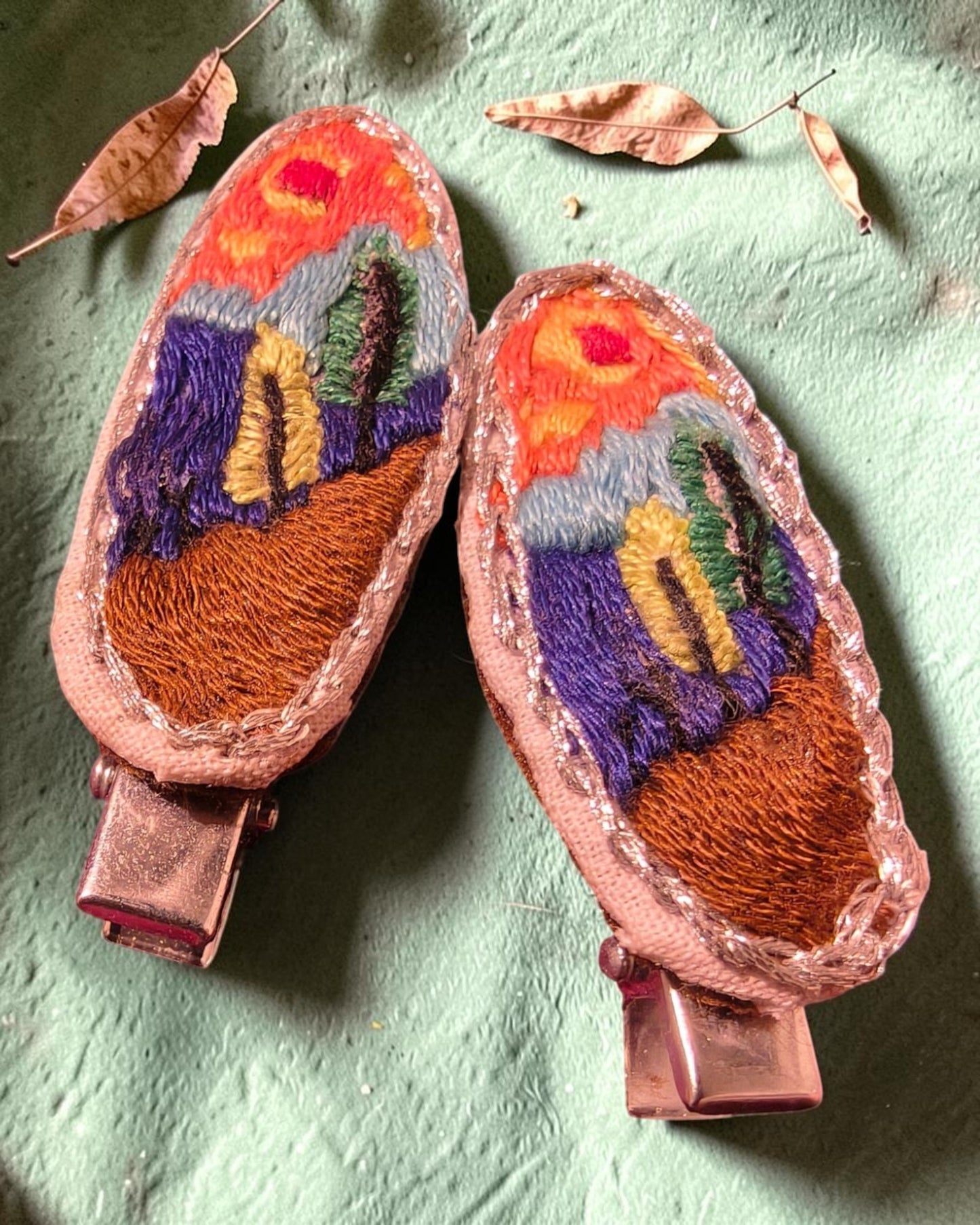 Sunset Meadow Hand Embroidered Hair Clips